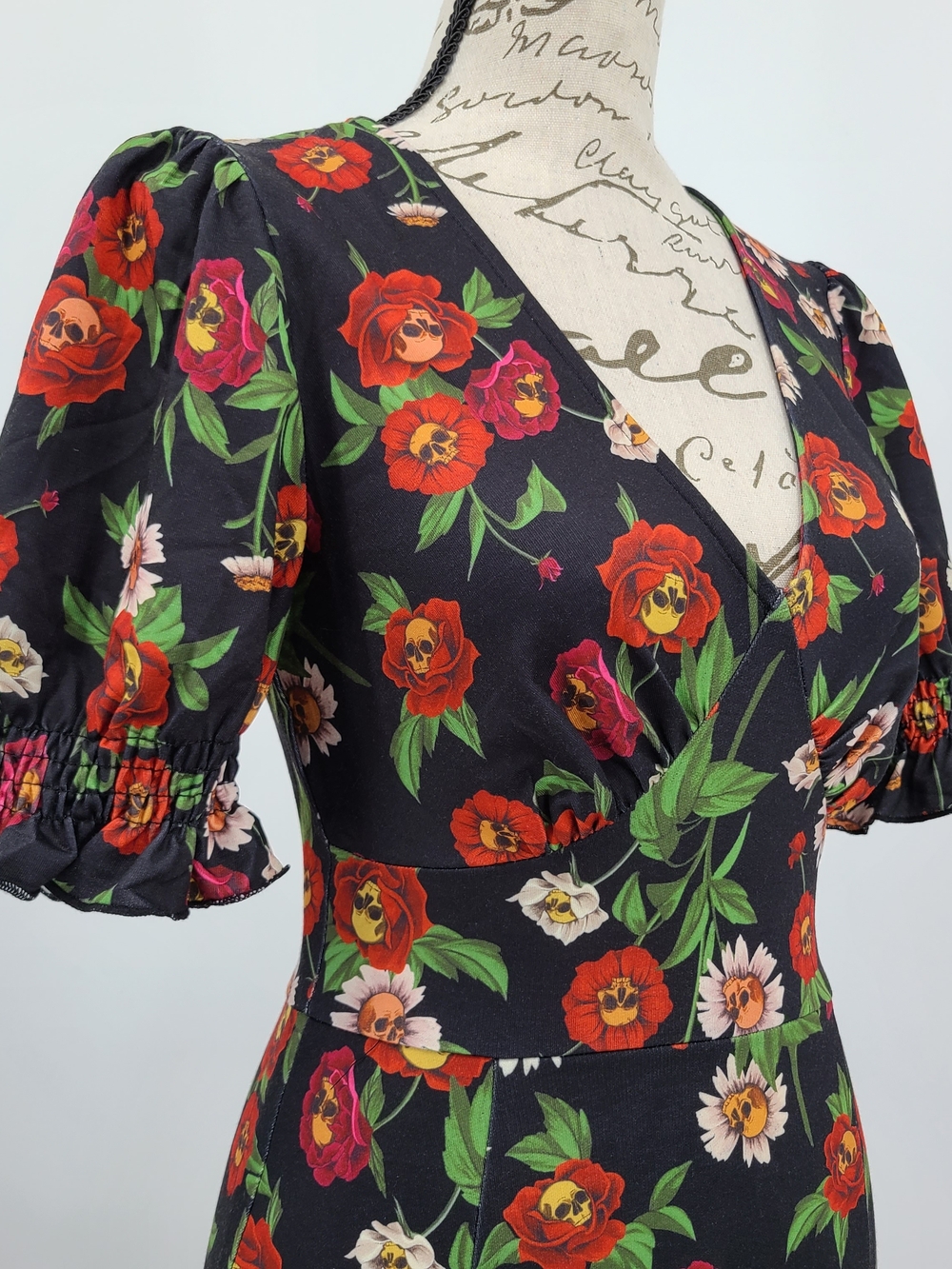 Jawbreaker Floral Skull Print Puff Sleeve Maxi Dress Size XS